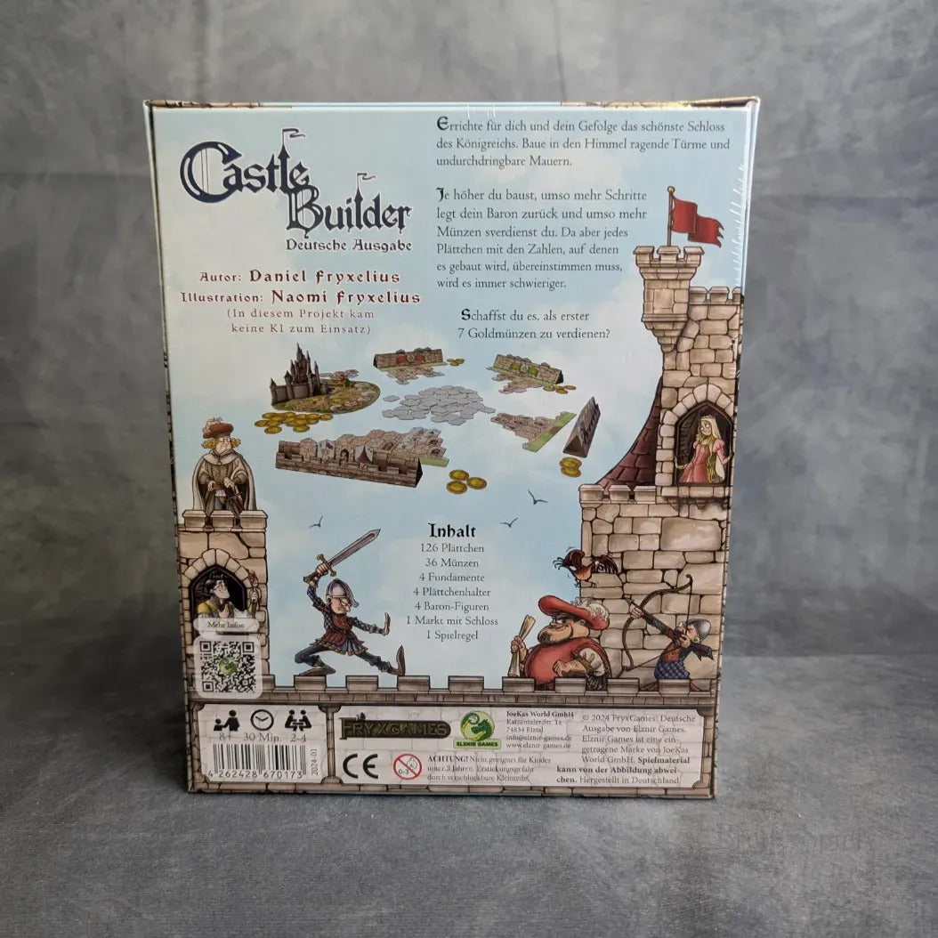 Die Rückseite der Castle Builder-Schachtel von Fryxgames zeigt mittelalterliche Figuren, Burgmauern und Spielsteine. Der deutsche Text erklärt das Schloss bauen Spiel, listet den Inhalt auf und nennt den Autor und Illustrator des Spiels.