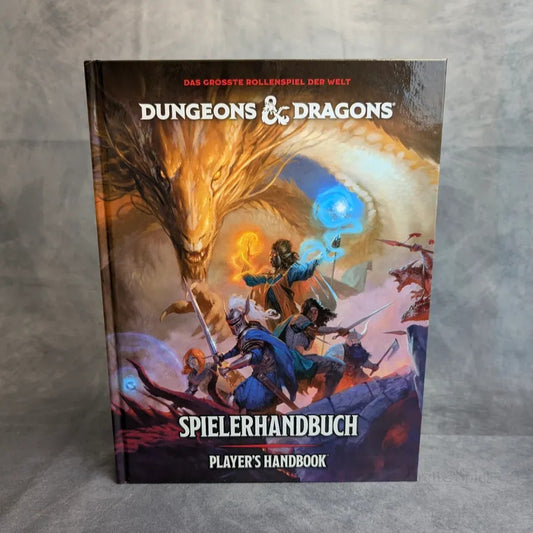 Die deutsche Ausgabe des Dungeons & Dragons Players Handbook, auf dem Cover sind Abenteurer abgebildet, die gegen einen Drachen kämpfen, mit dem Titel SPIELERHANDBUCH und dem englischen Untertitel Players Handbook.