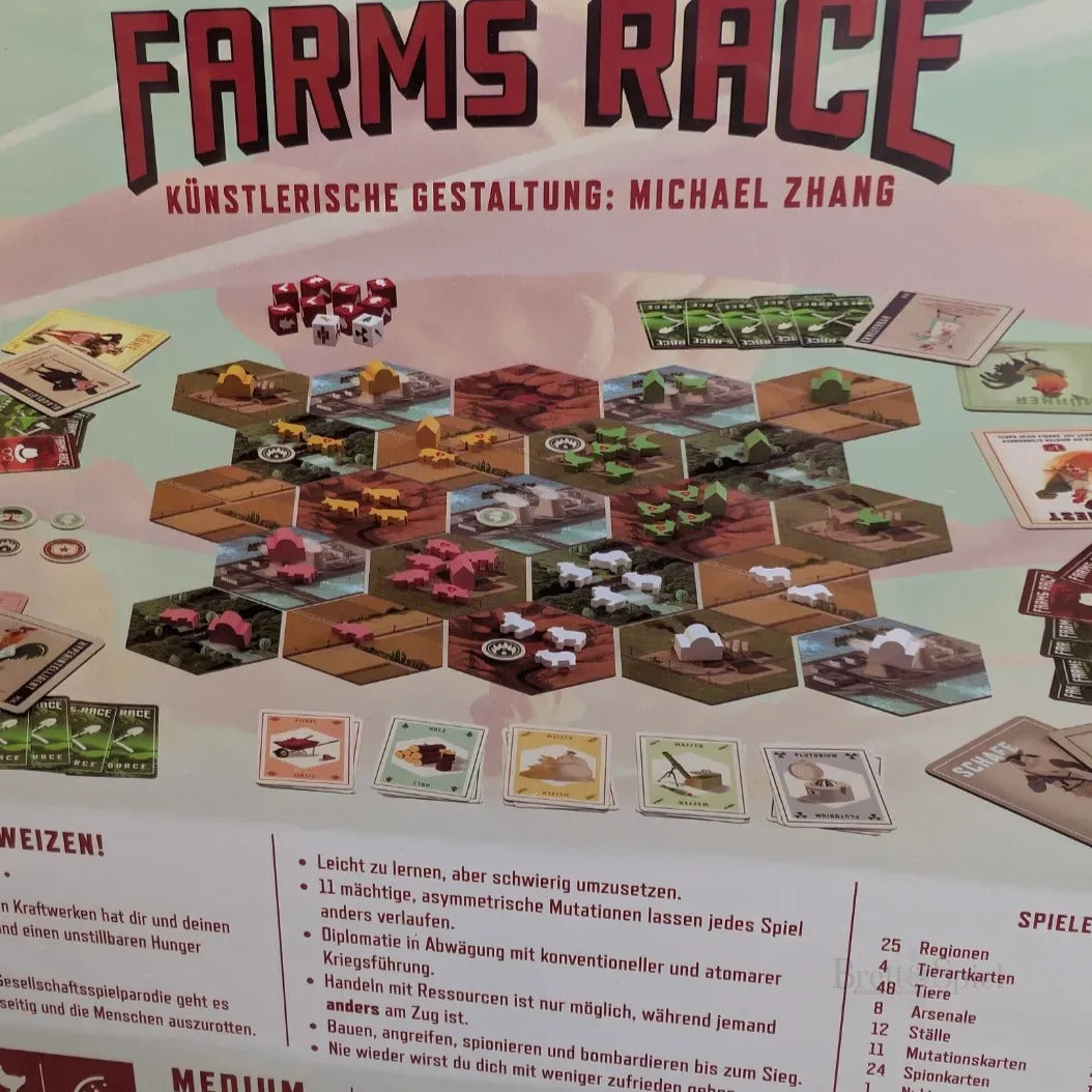 Farms Race von Farms Race LCC ist ein deutschsprachiges Strategiespiel mit sechseckigen Plättchen, Tierplättchen (einschließlich Mutanten-Nutztiere), Karten und Ressourcenmarkern; der Name des Entwicklers Michael Zhang steht oben.