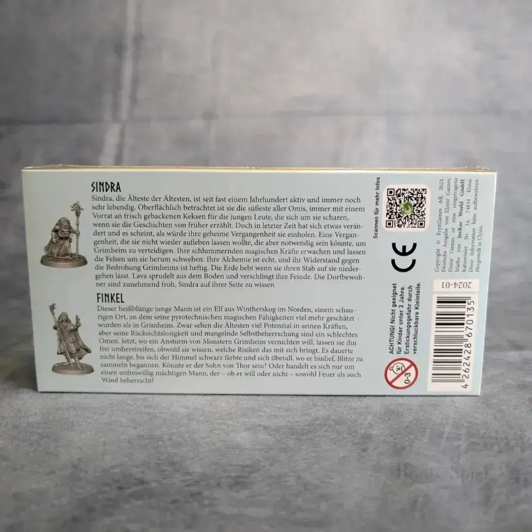 Die Rückseite der Schachtel von Fate: Die Verteidiger von Grimheim + Helden Erweiterung Sindra & Finkel + Promo Packs von Elznier Games zeigt deutschen Text, Bilder von Sindra und Finkel Miniaturen, Hinweise auf Promo Packs und einen QR-Code auf grauem Hintergrund.