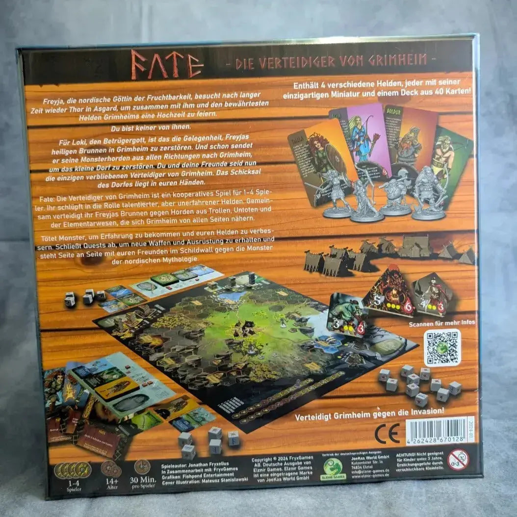 Back of the Fate: Die Verteidiger von Grimheim + Helden Erweiterung Sindra & Finkel + Promo Packs von Elznier Games zeigt Minis, Karten, Brettaufbau, deutschen Text und Symbole für Spieler, Alter und Spielzeit in diesem kooperativen Tower-Defense-Spiel.