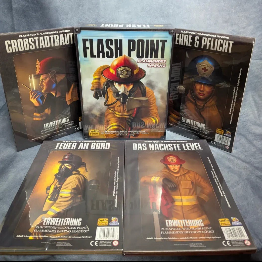 Das Cover des Brettspiels Flash Point: Flammendes Inferno vermittelt den Eindruck eines spannungsgeladenen und kooperativen Spiels, bei dem die Spieler als Team von Feuerwehrleuten gegen die Zeit und die Flammen kämpfen müssen.
Die Cover der Erweiterungen zeigen verschiedene Spezialisten die in Sonderfällen und Katastrophenlagen zum Einsatz kommen.