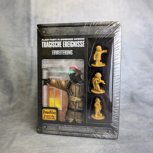 Flash Point - All-In von Heidelbär Games: Deutsche Erweiterungsbox für Flash Point Flammendes Inferno mit drei gelben Feuerwehrminis, sichtbar durch ein Klarsichtfenster, eingeschweißt in Folie.