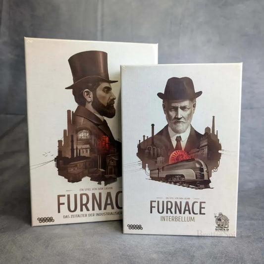 Zwei Spielschachteln - Furnace + Erweiterung von Kobold Spiele - zeigen jeweils einen Mann in historischer Kleidung vor dem Hintergrund von Fabriken und Maschinen. Beide Schachteln sind eingeschweißt.