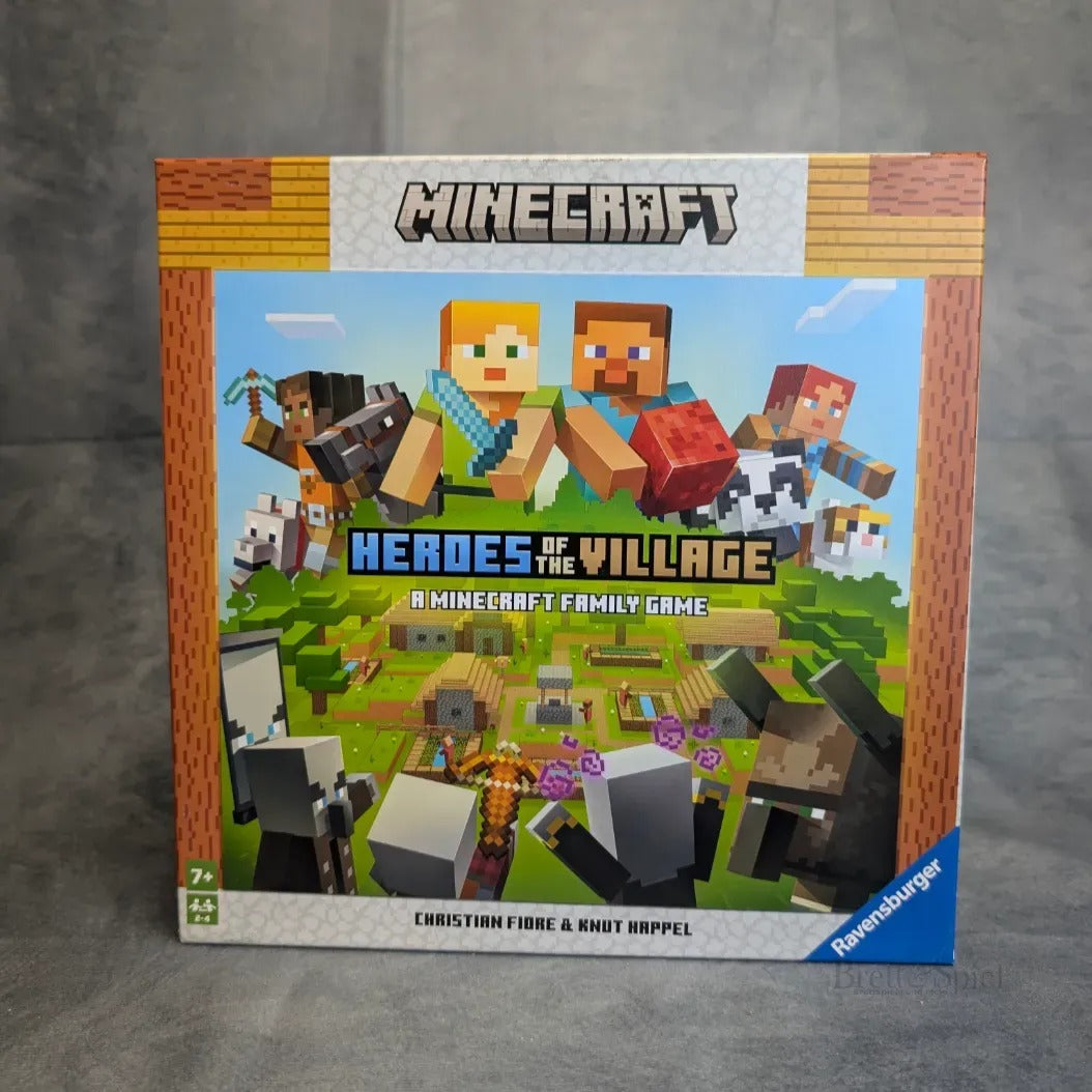 Die Abbildung zeigt die Schachtel von Minecraft - Heroes of the Village, einem kooperativen Brettspiel von Ravensburger Spiele für 2-4 Spieler ab 7 Jahren. Das Cover zeigt die klassischen Minecraft-Figuren und -Tiere in einer blockigen Landschaft.
