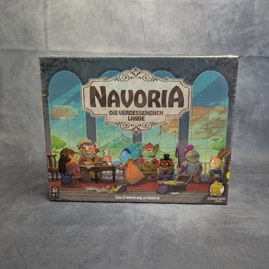 Die Box von "Navoria - die vergessenen Lande" von Strohmann Games zeigt bunte Cartoon-Tiere und gepanzerte Figuren in einem Fantasy-Setting - ideal für Fans von Gilden Navorias und Sammler Karten.