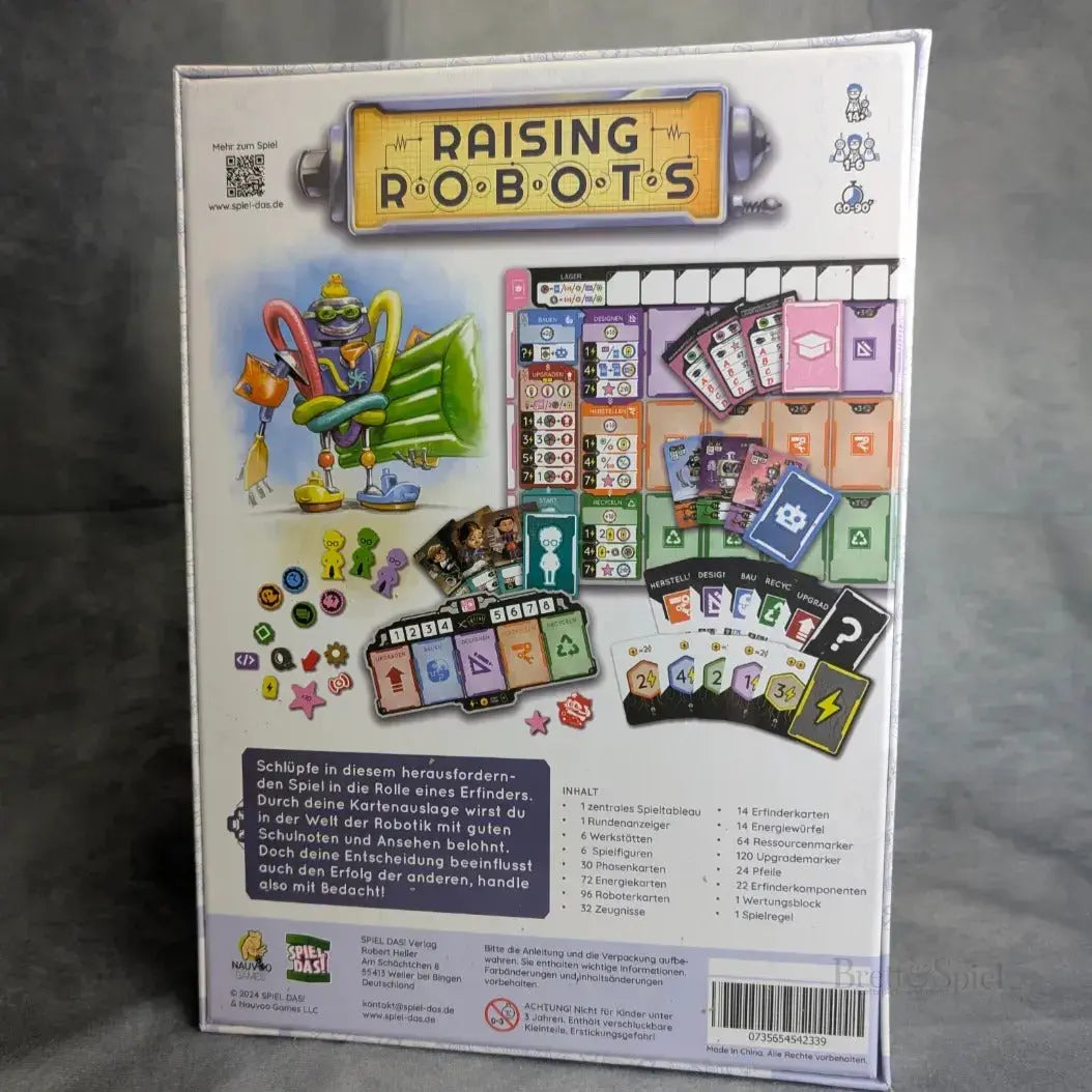 Die Rückseite der Spielbox von Raising Robots zeigt das Spielmaterial, erklärt kurz das Spiel und listet die enthaaltenen Komponenten auf.