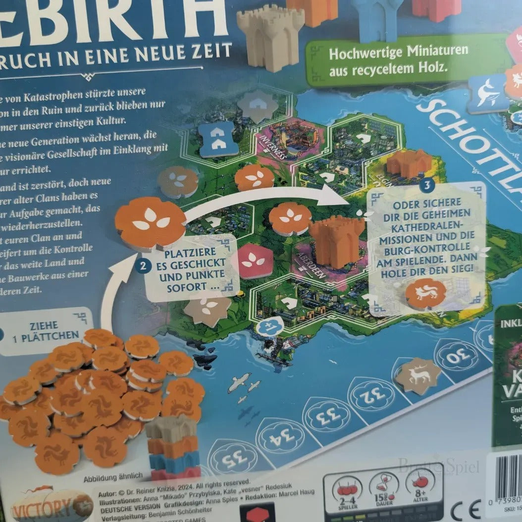 Die Rückseite der Rebirth: Aufbruch in eine neue Zeit von Frosted Games zeigt illustrierte Komponenten, Holzteile und eine Inselkarte für dieses Plättchen-Legespiel von Reiner Knizia über den Wiederaufbau der Gesellschaft auf einer geheimnisvollen Insel.