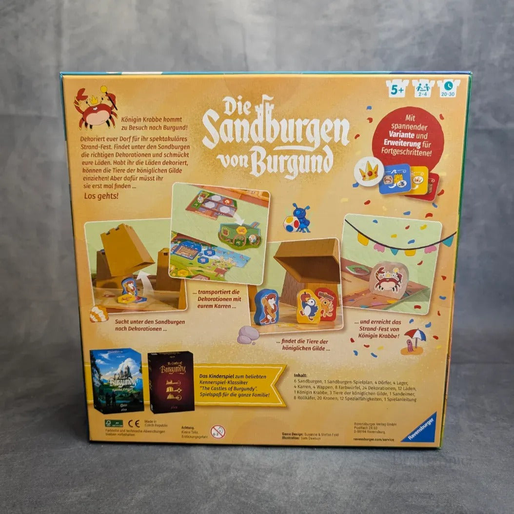 Auf der Rückseite des Ravensburger Spiele Spiels Die Sandburgen von Burgund befinden sich die Bauteile, eine bebilderte Anleitung und lebendige Grafiken für Spieler ab 5 Jahren.
