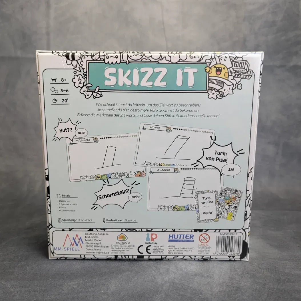 Die Rückseite der Brettspielbox „Skizz It“ von MM-Spiele zeigt farbenfrohe Skizzen, bebilderte Anleitungen und Spieldetails in deutscher Sprache auf grauem Hintergrund. Dieses schnelle Zeichenspiel bietet hohe Interaktion – ideal als Partyspiel!.