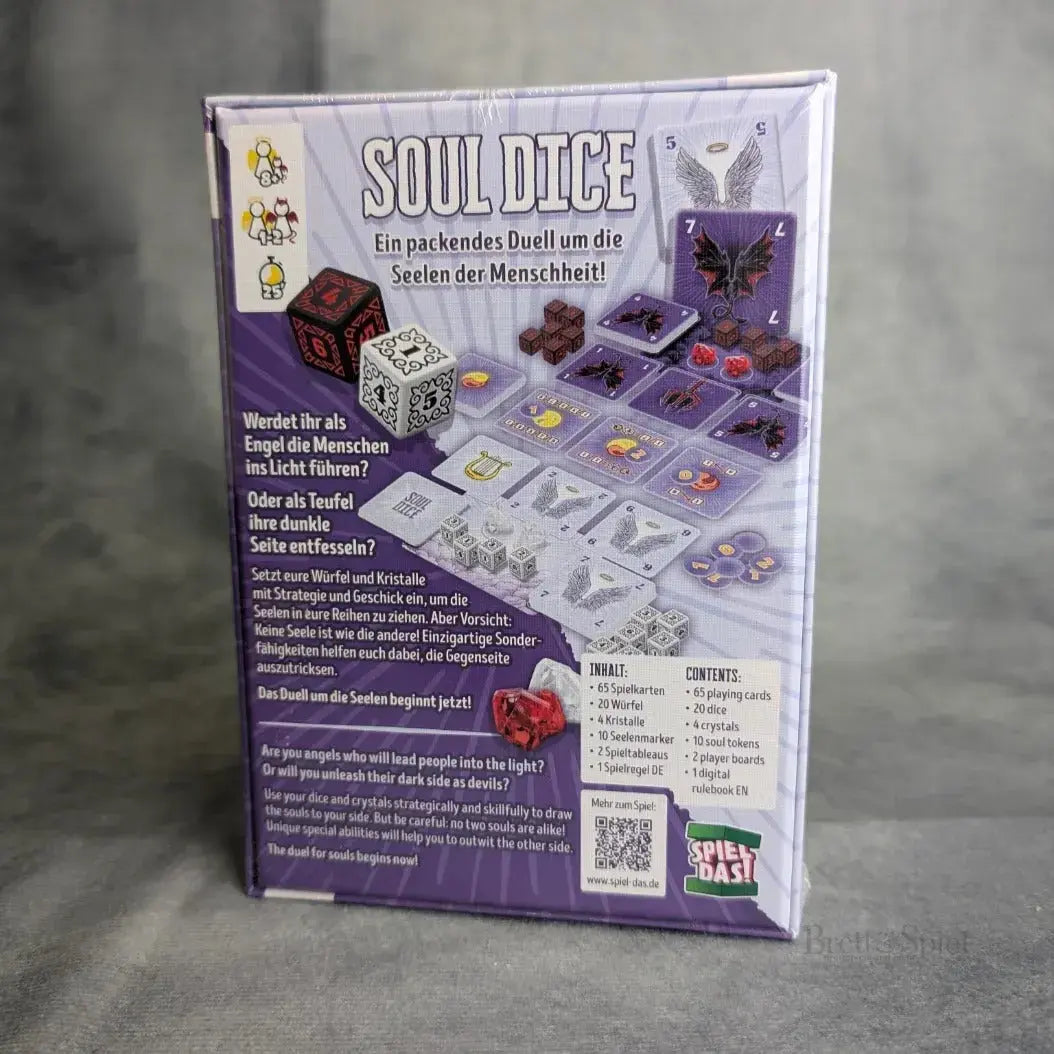 Rückseite der Spielbox von Soul Dice. Zeigt weitere Illustrationen des epischen Kampfes zwischen Engeln und Teufeln um menschliche Seelen. Enthält Abbildungen von Würfeln, Kristallen und möglicherweise Spielkomponenten wie Seelenmarkern.