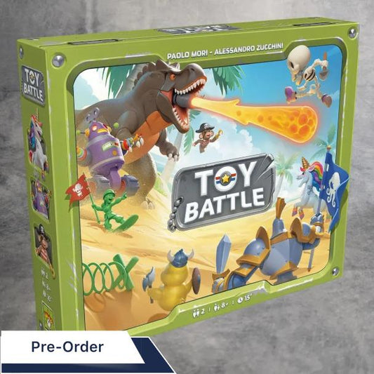In dem Brettspiel Toy Battle von Asmodee treffen Spielzeugtruppen, ein feuerspeiender Dinosaurier, ein Pirateneinhorn, ein Ritter und Skelette auf einem farbenfrohen, animierten Schlachtfeld mit tropischer Kulisse in diesem lebendigen Strategiespiel aufeinander.