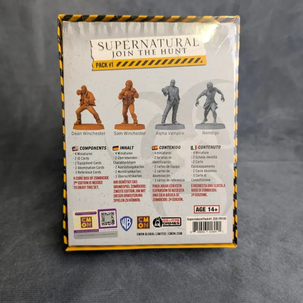 Die Rückseite von Asmodee's Zombicide 2. Edition - Supernatural: Join the Hunt Pack 1 zeigt orangefarbene und graue Miniaturen von Dean, Sam Winchester, Alpha Vampire und Wendigo, sowie eine Komponentenliste in Englisch, Deutsch und Spanisch.