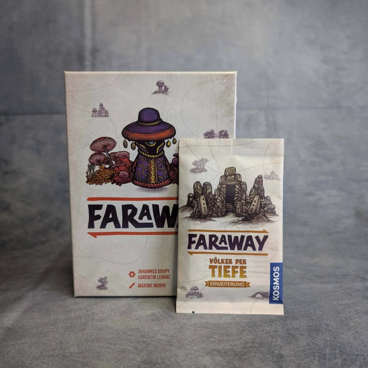 Die Kosmos Faraway + Völker der Tiefe Erweiterung Box zeigt eine mysteriöse Figur und zwei Entdecker, die bereit sind, Strategien zu entwickeln und das Nebelmeer zu erkunden.