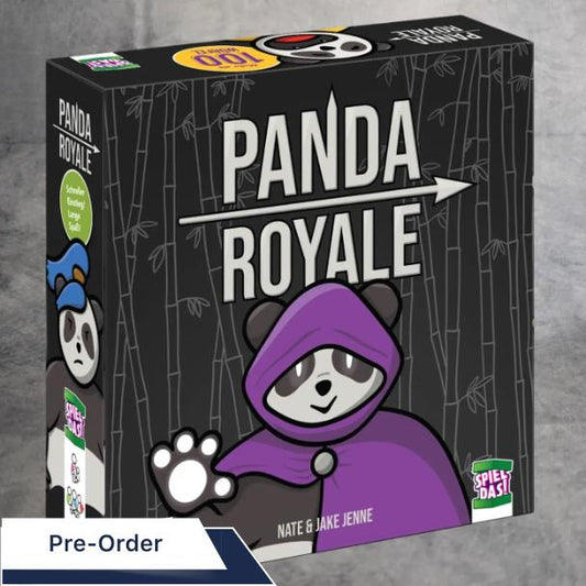 Die Panda Royal Spielschachtel von Spiel Das! zeigt einen Panda des Panda-Clans in einem lila Mantel, der eine Pfote mit Bambushalmen dahinter erhebt. In der linken unteren Ecke befindet sich ein Pre-Order-Label.