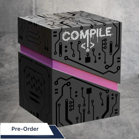 Das Cover des Brettspiels Compile, zeigt eine abstrakte oder stilisierte Darstellung von Code, Schaltkreisen oder Computerarchitektur, die das Thema des Programmierens oder der algorithmischen Strategie andeutet