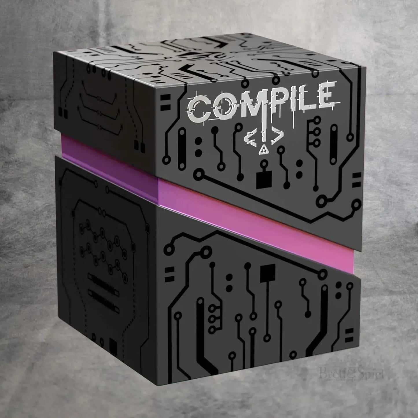 Das Cover des Brettspiels Compile, zeigt eine abstrakte oder stilisierte Darstellung von Code, Schaltkreisen oder Computerarchitektur, die das Thema des Programmierens oder der algorithmischen Strategie andeutet