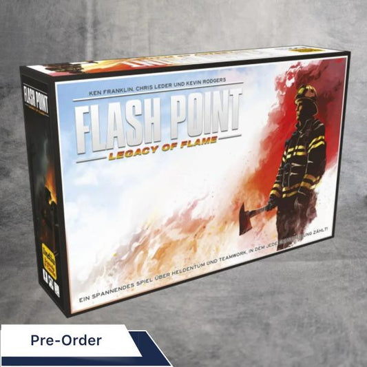 Die Verpackung von Flash Point Legacy: Deutsche Ausgabe von Heidelbär Games zeigt einen Feuerwehrmann in voller Montur mit einer Axt inmitten von Flammen, ist mit englischem und deutschem Text versehen und zeigt ein Pre-Order Label.