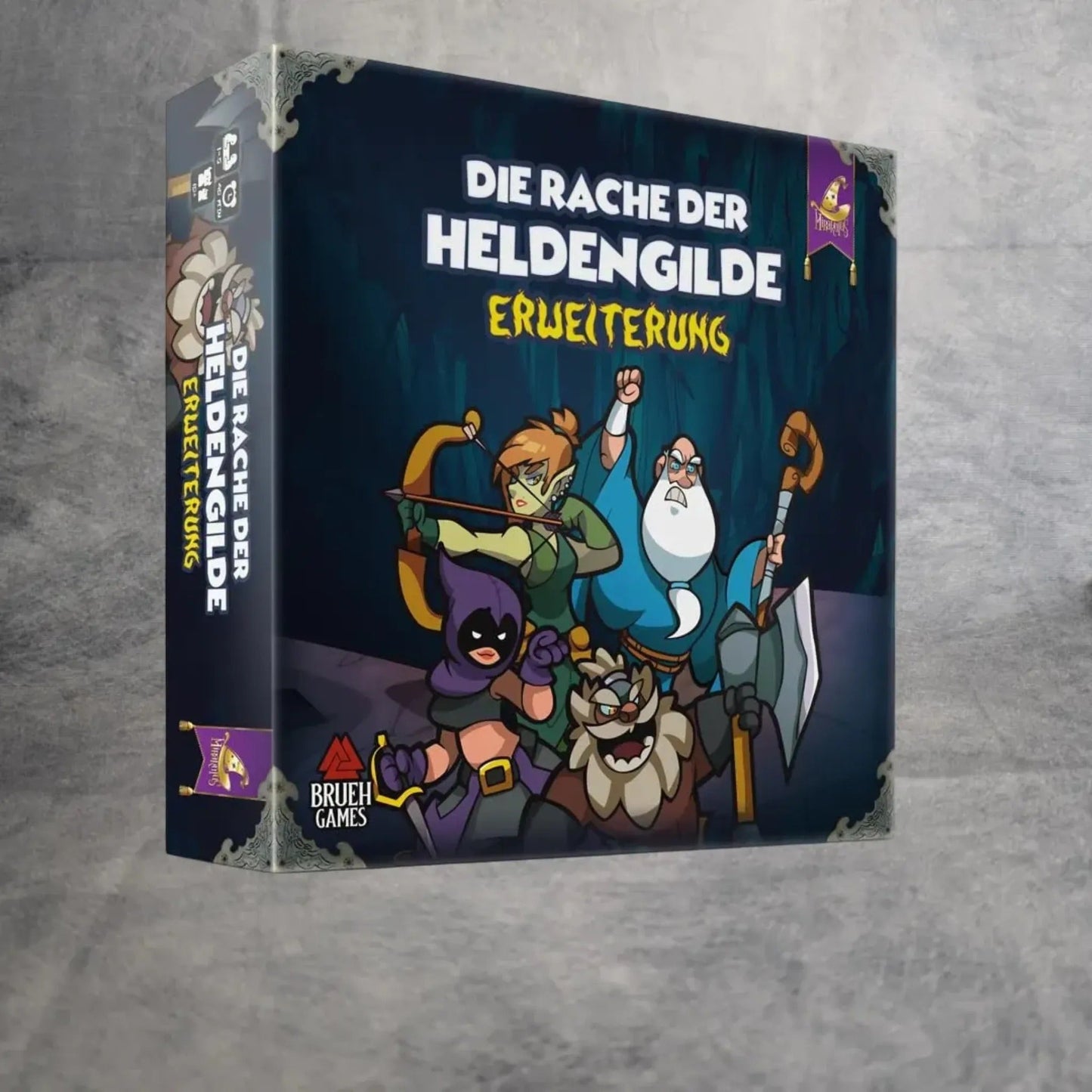 Box für Miraculus' Helden müssen draußen bleiben! - Die Rache der Heldengilde Erweiterung zeigt Cartoon-Bogenschütze, Zauberer, Schwertkämpferin und Zwerg mit Waffen auf dunklem Hintergrund.