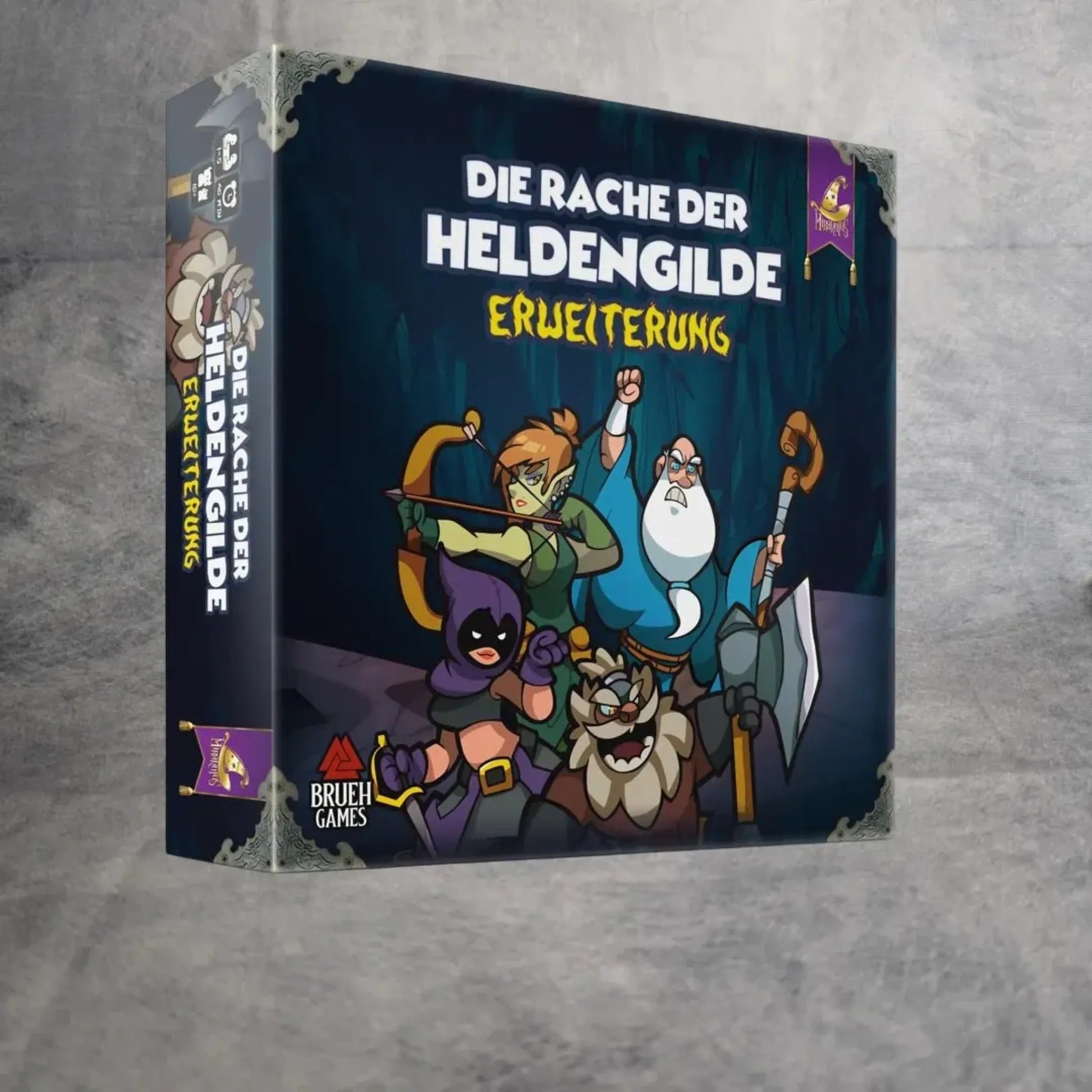 Box für Miraculus' Helden müssen draußen bleiben! - Die Rache der Heldengilde Erweiterung zeigt Cartoon-Bogenschütze, Zauberer, Schwertkämpferin und Zwerg mit Waffen auf dunklem Hintergrund.