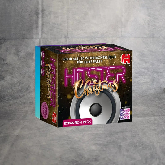 Ein lebendiges Hitster: Weihnachts-Erweiterungspack von Jumbo Spiele mit Lautsprechergrafiken, festlichen Lichtern und deutschem Text. Auf einem grauen Hintergrund mit einem Vorbestellungsbanner - ideal für jeden Weihnachtslieder-Spiel-Fan.