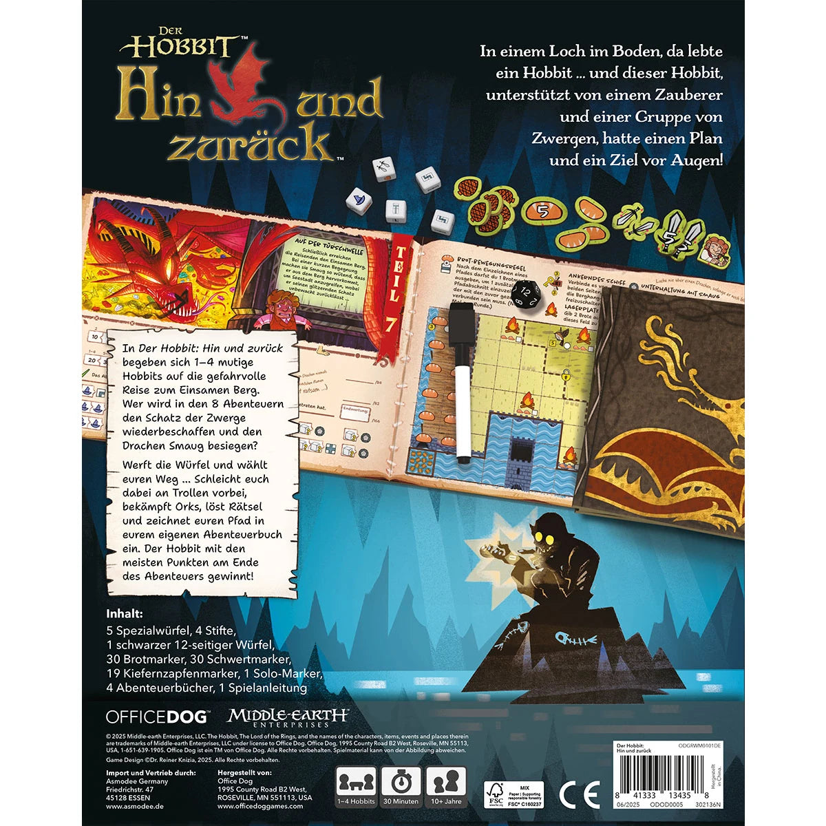 Die Rückseite von Asmodee's Der Hobbit: Hin und zurück zeigt Spielkomponenten, Spielpläne, Würfel, Karten, Drachenkunst und Story-Schnipsel - ein spannendes Familienspiel voller Fantasie und Abenteuer.
