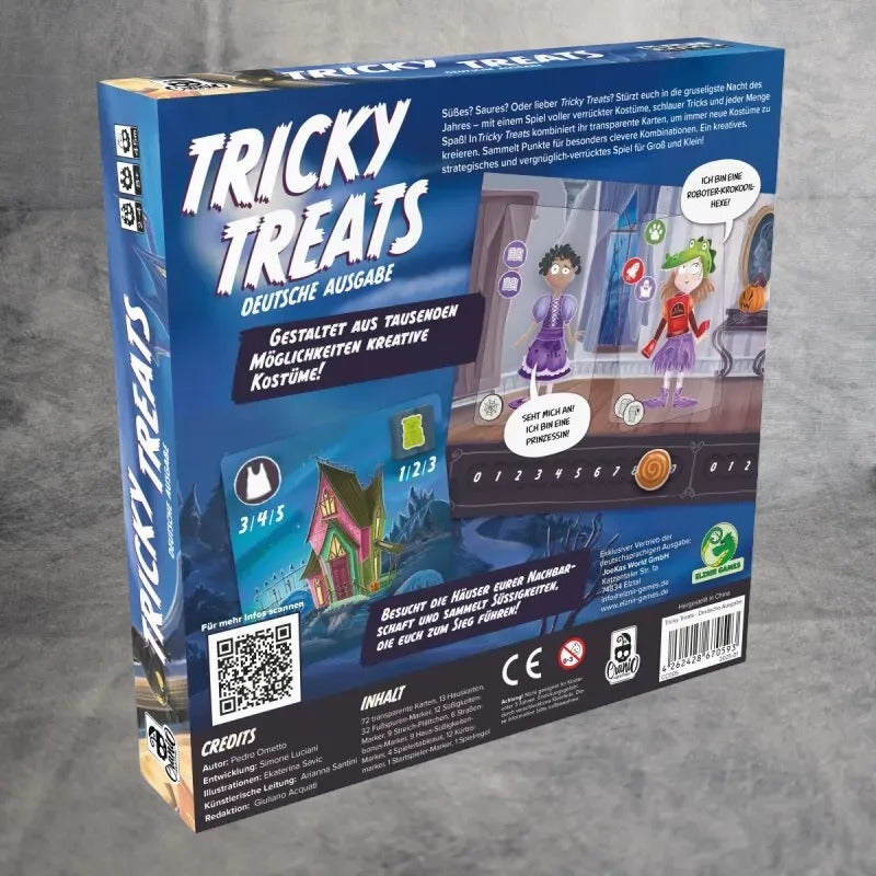 Rückseite der Schachtel des Brettspiels Tricky Treats von JoeKas World GmbH mit deutschem Text, der eine Halloween-Szene mit illustrierten Kindern in Kostümen, Spielsteinen, Symbolen, Funktionen, Anweisungen und Credits zeigt.