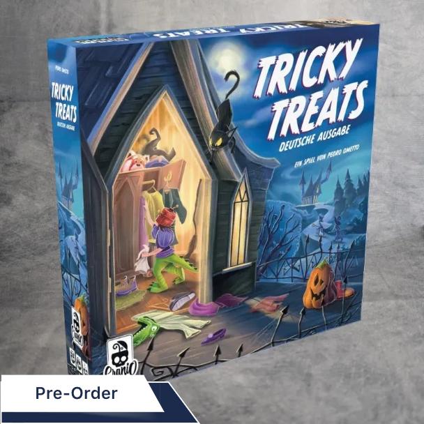 Das Brettspiel Tricky Treats von JoeKas World GmbH zeigt Cartoon-Monster in Kostümen, die bei Vollmond heimlich Süßigkeiten sammeln. Der deutsche Text und das Halloween-Motiv fangen den Spaß am Süßigkeiten sammeln ein.