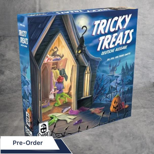 Das Brettspiel Tricky Treats von JoeKas World GmbH zeigt Cartoon-Monster in Kostümen, die bei Vollmond heimlich Süßigkeiten sammeln. Der deutsche Text und das Halloween-Motiv fangen den Spaß am Süßigkeiten sammeln ein.