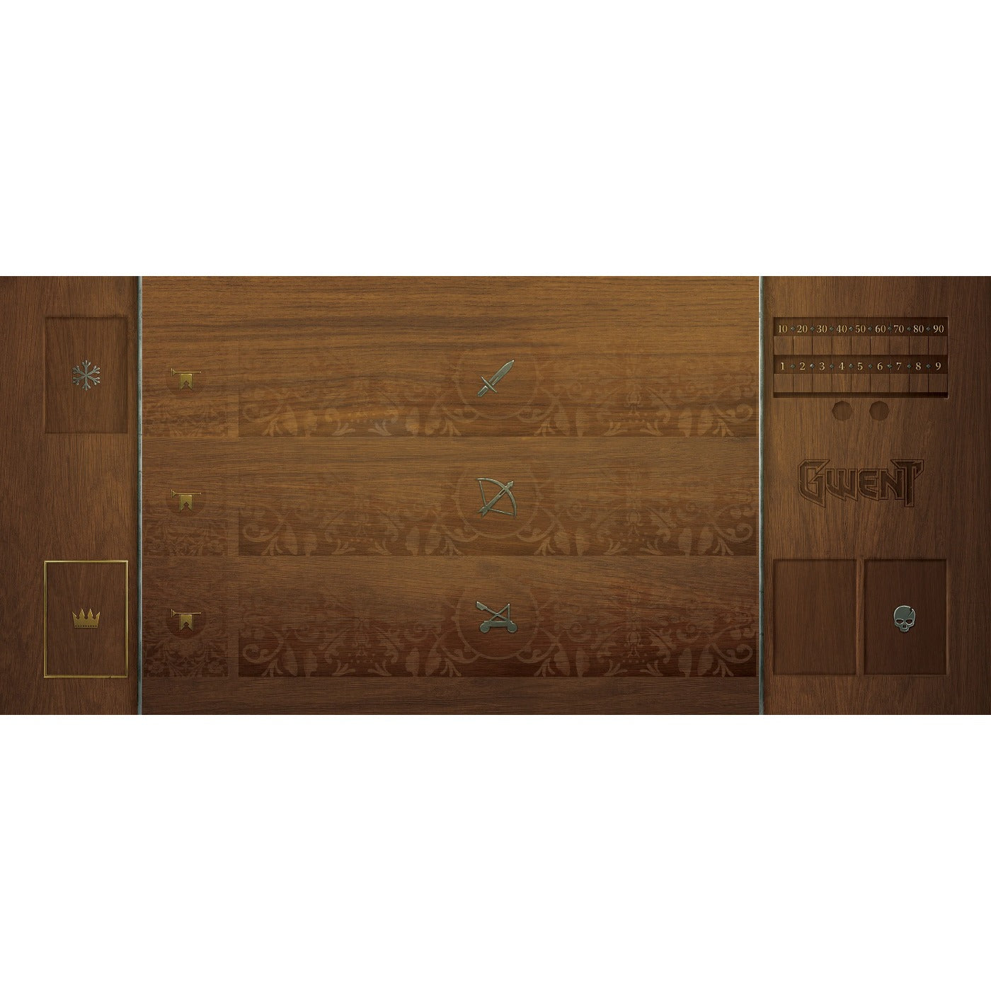 Die Asmodee Gwent Spielmatten verfügen über eingravierte Markierungen, einen Punktezähler, Kartenfächer und Fraktionssymbole - eine ideale Wahl für Witcher-Fans, die ein hochwertiges Gwent-Spielbrett oder eine Alternative zu einer Neoprenmatte suchen.