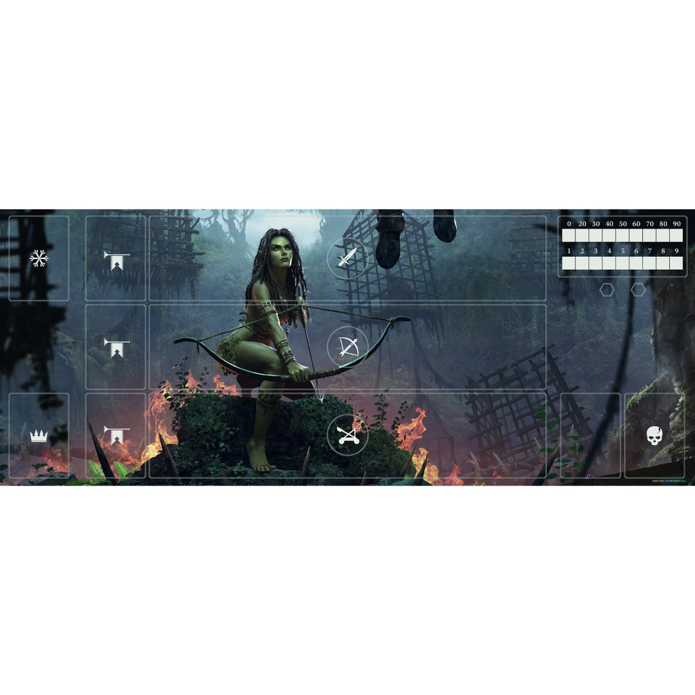 Die Asmodee Gwent Spielmatten zeigen ein von The Witcher inspiriertes Fantasy-Spielbrett, das eine wilde Frau mit Dreadlocks und einem Bogen inmitten von Ruinen und Feuer in einem dunklen Wald zeigt, mit Symbolen und einem Tracker auf Neoprenmatte.