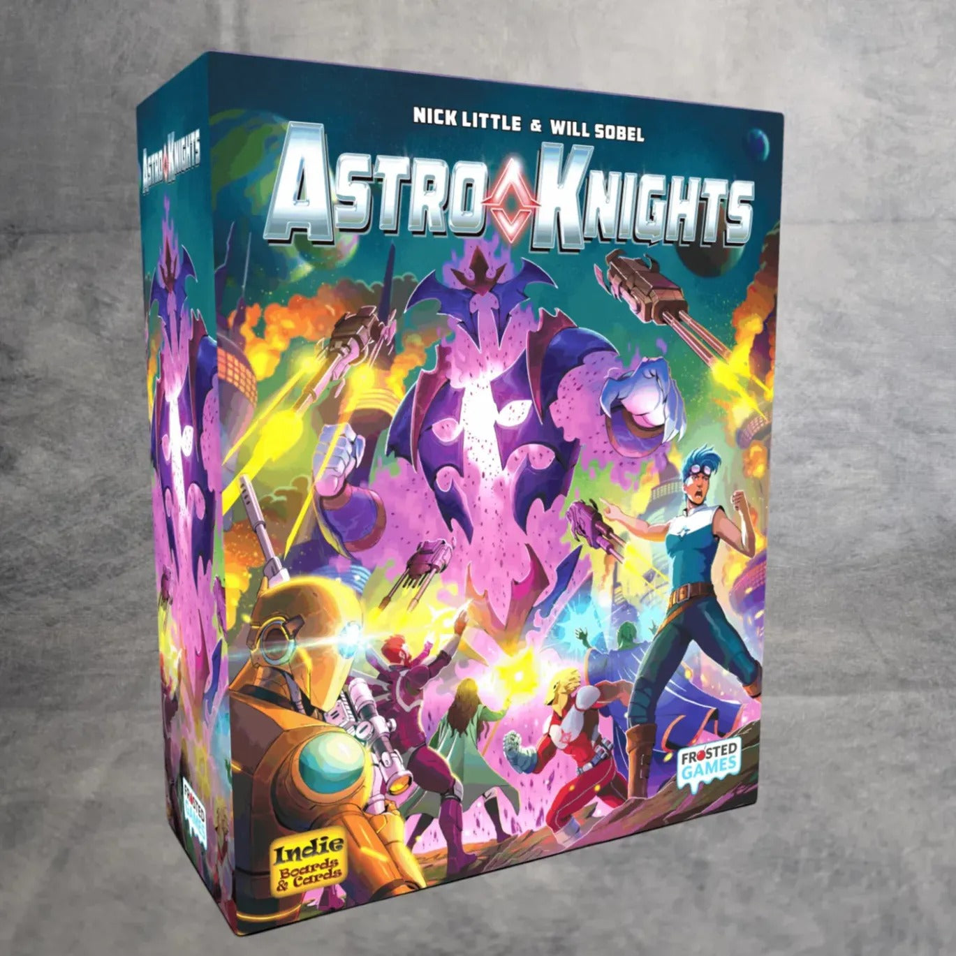 Das Cover des Brettspiels Astro Knights von Frosted Games zeigt Helden in futuristischen Rüstungen, die gegen einen riesigen lilafarbenen Roboter inmitten farbenfroher Explosionen im Weltraum kämpfen.