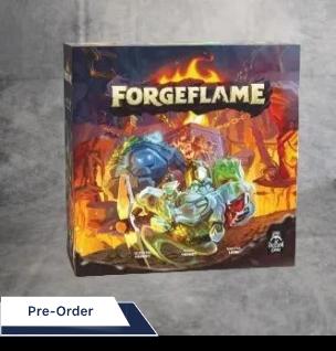 Forgeflame von Grimspire ist ein Brettspiel in einer Schachtel mit lebendigen, gepanzerten Charakteren und einem feurigen, geschmolzenen Metallhintergrund, der ein episches Deckbuilding-Abenteuer auf einer grauen, strukturierten Oberfläche verspricht.