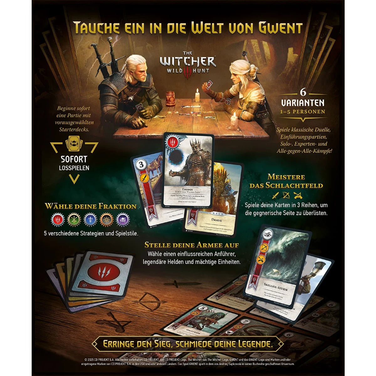 Werbebild für Gwent: Das legendäre Kartenspiel von No Loading Games, mit Geralt und Ciri beim Kartenspielen an einem Tisch, deutschen Spielinformationen, Musterkarten und Spielsteinen vor einem dunklen Fantasy-Hintergrund.