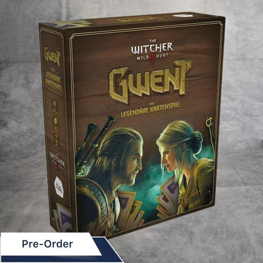 Ein Boxset von Gwent: Das legendäre Kartenspiel von No Loading Games, bei dem sich Geralt und Ciri vor einem Hintergrund aus Spielkarten gegenüberstehen.