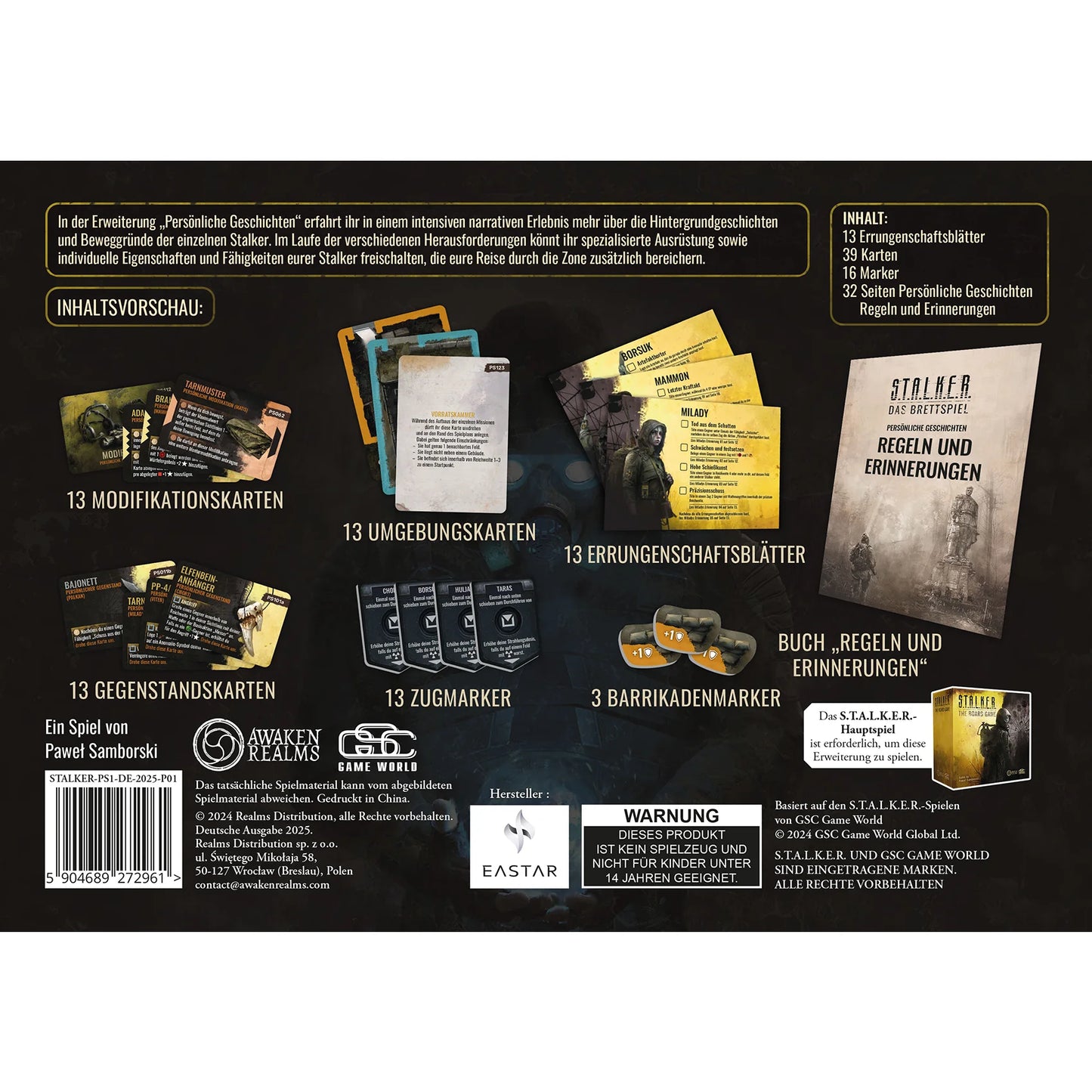 Die Rückseite von Brett&Spiel's STALKER: Das Brettspiel - Persönliche Geschichten zeigt eine Erweiterung mit neuen Karten, persönlichen Geschichten und narrativen Abenteuern sowie Listen zu Karten, Regeln und einzigartigen Markern mit Bildern.