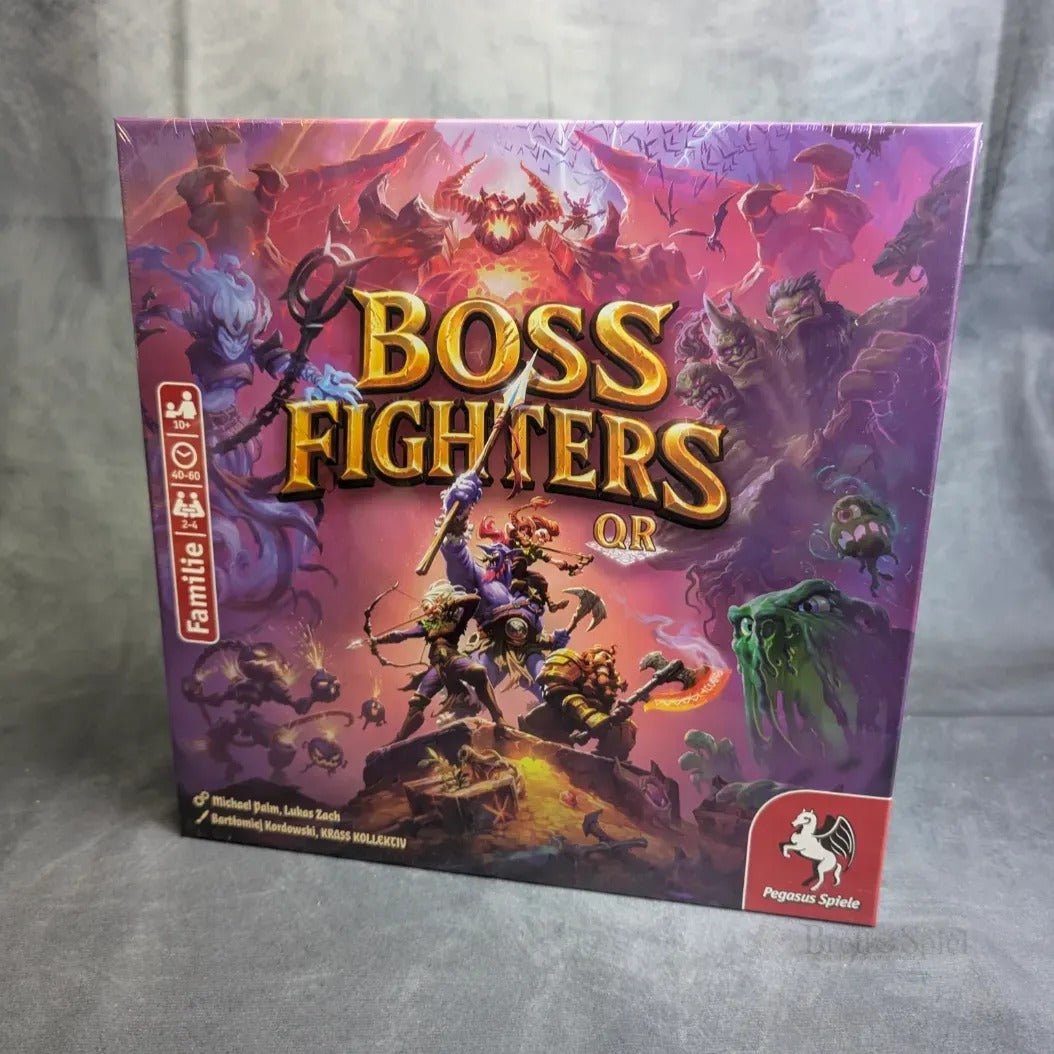 Eine lilafarbene Box mit Text, die den Boss Fighters QR von Pegasus Spiele für die App-Integration in ein kooperatives Deck-Building-Spiel zeigt.