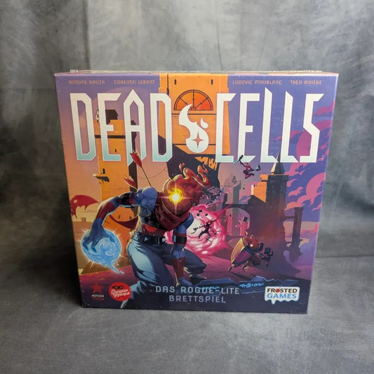 Das Dead Cells-Brettspiel von Frosted Games zeigt auf der Schachtel einen glühenden Helden mit einem Schwert vor lebendigen Schlössern und wirbelnder Energie, was den Schurken- und Dungeon-Crawler-Stil des Spiels widerspiegelt.