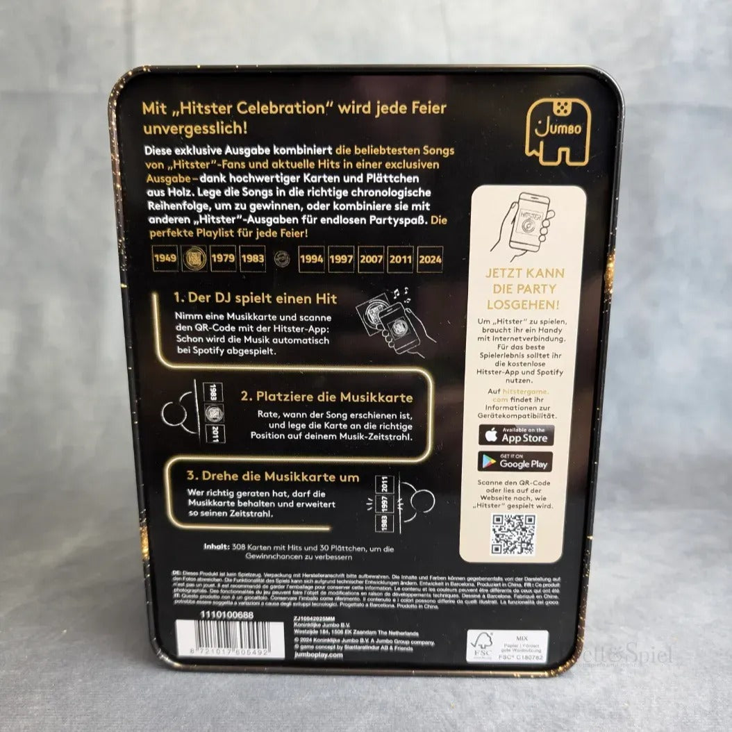 Die Hitster: Celebration-Box von Jumbo Spiele zeigt Anleitung, Jahreszahlen und App-Infos in deutscher Sprache. Das Design zeigt gelbe und weiße Schrift auf schwarzem Grund, mit dem Jumbo-Elefanten-Logo oben rechts.