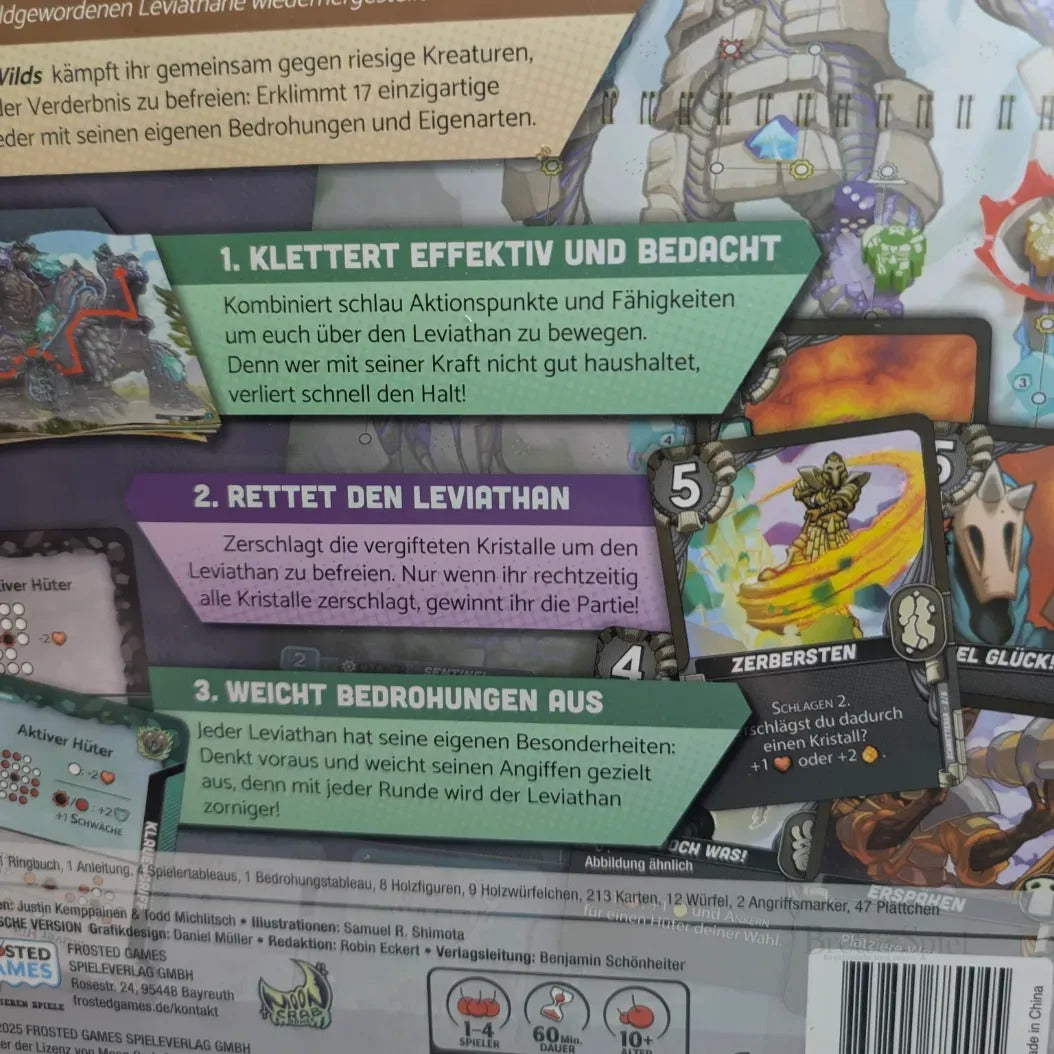Ein Leviathan Wilds Anleitungsblatt von Frosted Games für ein kooperatives Spiel zeigt drei Schritte in grün, blau und gelb. Eine ZERBERSTEN-Karte mit einer grünen Kreatur und 5 ist teilweise abgebildet - ideal für Fans des Kampagnenmodus.