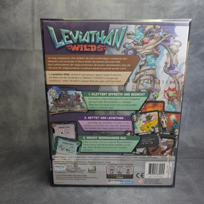 Rückseite des Leviathan Wilds Brettspiels von Frosted Games, mit Details zum deutschen kooperativen Spiel, farbenfrohem Artwork einer riesigen Kreatur, aufgelisteten Spielkomponenten und Symbolen für Inhalt und Altersempfehlung.