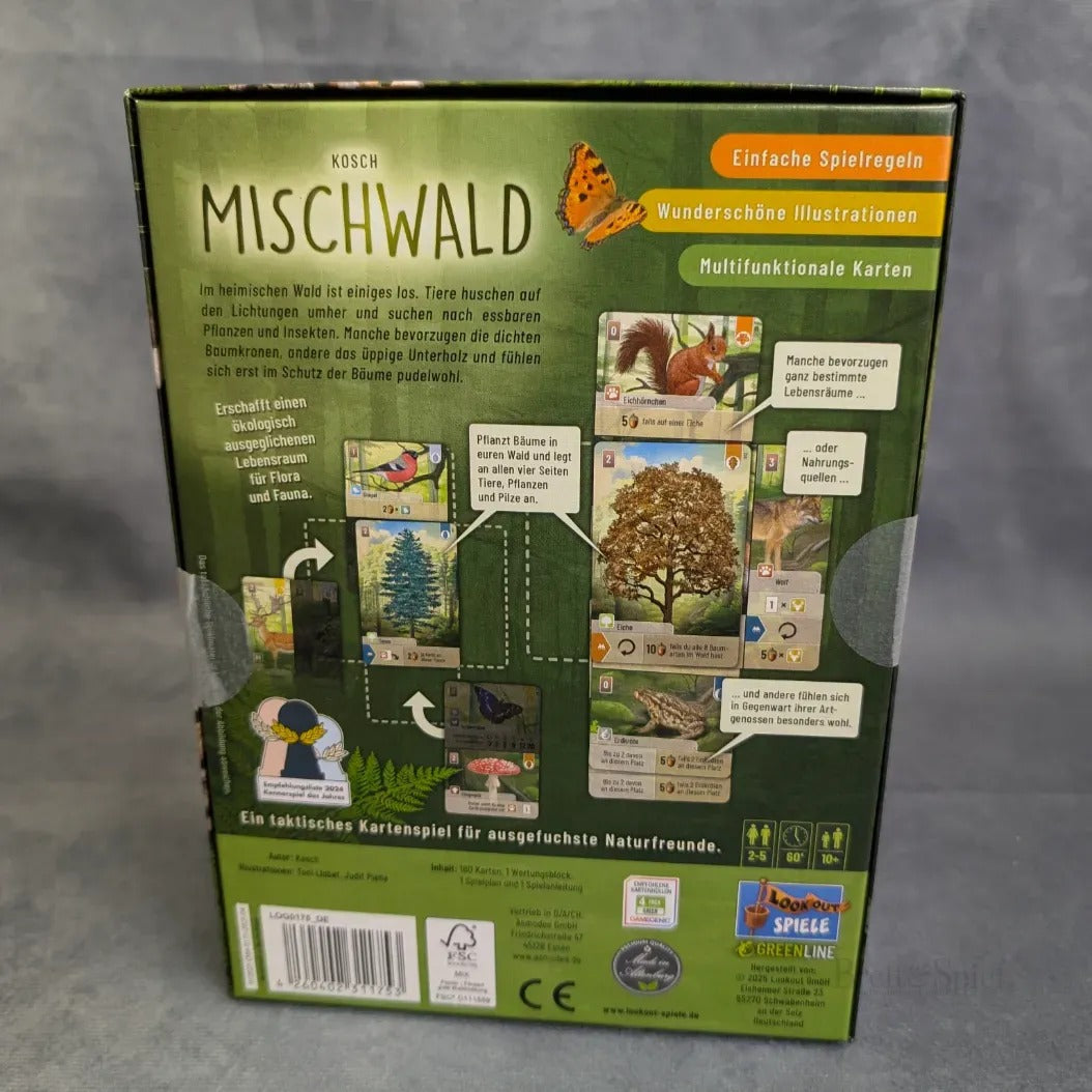 Die Rückseite der Asmodee-Kartenspielbox "Mischwald" zeigt illustrierte Karten mit Waldtieren, Pflanzen und einem Schmetterling sowie einen deutschen Text, der die einfachen Regeln und das naturbezogene Artwork in einem lebendigen Ökosystem beschreibt.