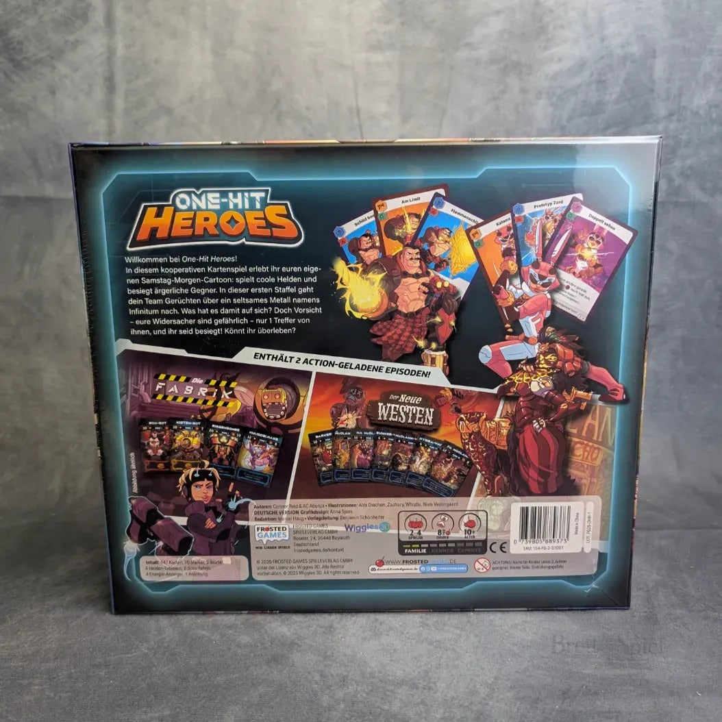 Die Rückseite der One Hit Heroes-Schachtel von Frosted Games zeigt ein farbenfrohes deutsches Artwork und Helden, die dieses kooperative Kartenspiel und Boss-Rush-Spiel mit Karten, Komponenten und den wichtigsten Spieleigenschaften hervorheben.