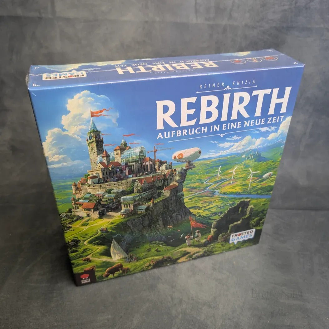 Die Brettspielschachtel für Rebirth: Aufbruch in eine neue Zeit von Frosted Games zeigt eine schwebende Stadt mit Windrädern und grünen Feldern unter einem strahlenden Himmel - ein visionäres Legespiel von Reiner Knizia.