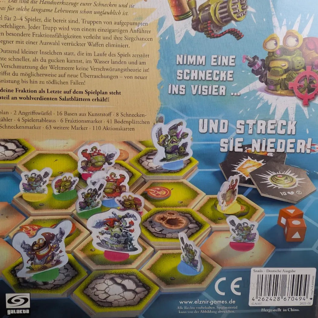 Die Rückseite von Snails: Das Brettspiel + Abwurf Erweiterung von JoeKas World GmbH zeigt Cartoon-Schneckenfiguren auf Sechseckplättchen, die auf ein taktisches Miniaturen-Brettspiel mit Aktionsprogrammierung und spielerischem deutschen Text hindeuten.