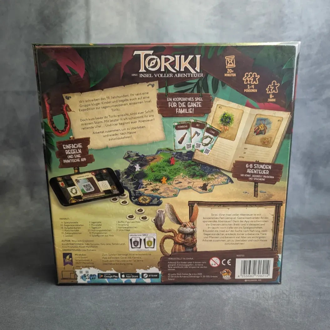 Die Rückseite der Mirakulus Toriki: Eine Insel voller Abenteuer zeigt dieses kooperative Familienspiel mit illustriertem Spielplan, Karten, Plättchen, deutschen Infos zum Überlebensabenteuer, sowie Alter, Spielerzahl und Spielzeit in der rechten oberen Ecke.