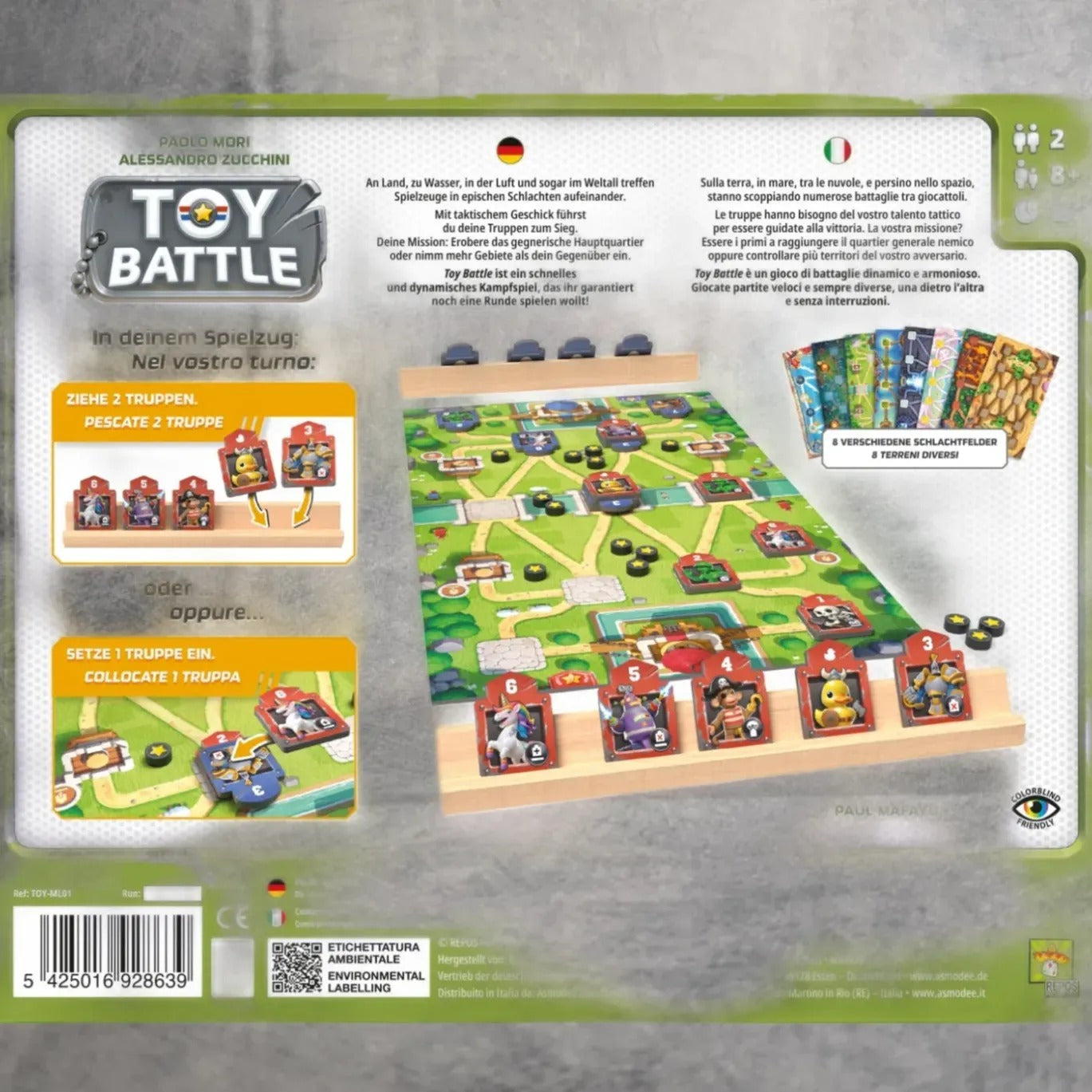 Die Rückseite der Toy Battle-Schachtel von Asmodee zeigt ein lebendiges Spielbrett, Karten und Figuren. Deutsche und italienische Anleitungen gesellen sich zu den verspielten Cartoon-Truppen und -Fahrzeugen und versprechen actiongeladenen Spaß!.