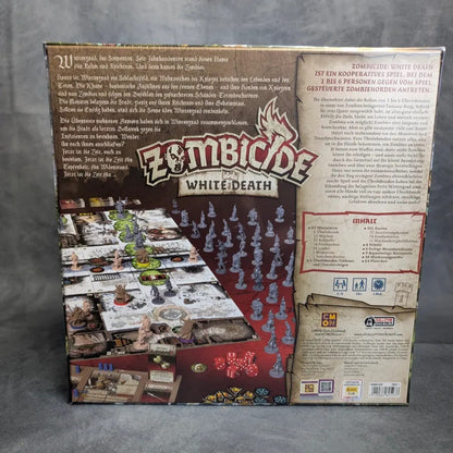 Die Rückseite der Zombicide: White Death Brettspielschachtel von Asmodee zeigt Miniaturen und einen dramatischen Aufbau, mit kooperativen Spielinformationen und deutschen Beschreibungen auf der rechten Seite.