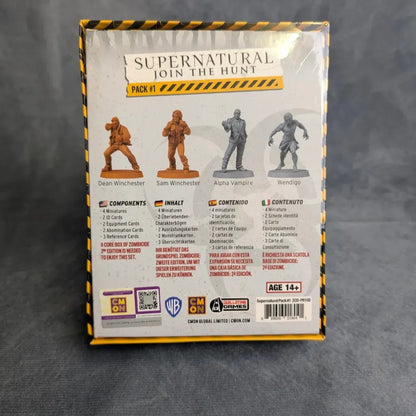 Die Rückseite von Asmodee's Zombicide 2. Edition - Supernatural: Join the Hunt Pack 1 zeigt orangefarbene und graue Miniaturen von Dean, Sam Winchester, Alpha Vampire und Wendigo, sowie eine Komponentenliste in Englisch, Deutsch und Spanisch.