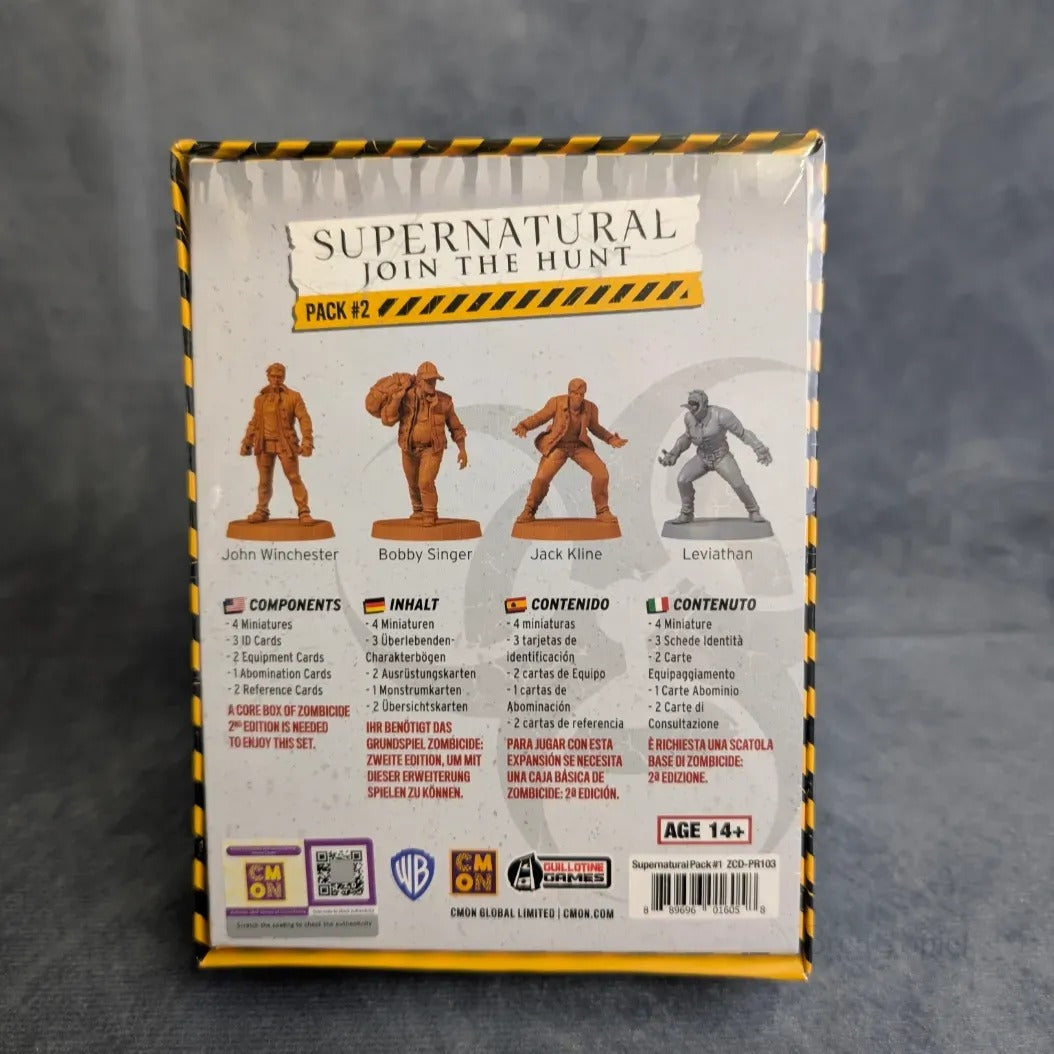 Rückseite von Zombicide 2. Edition - Supernatural: Join the Hunt Pack 2 von Asmodee, mit vier unbemalten Miniaturen - John Winchester, Bobby Singer, Jack Kline und einem Leviathan - sowie Inhalt und Spieldetails.